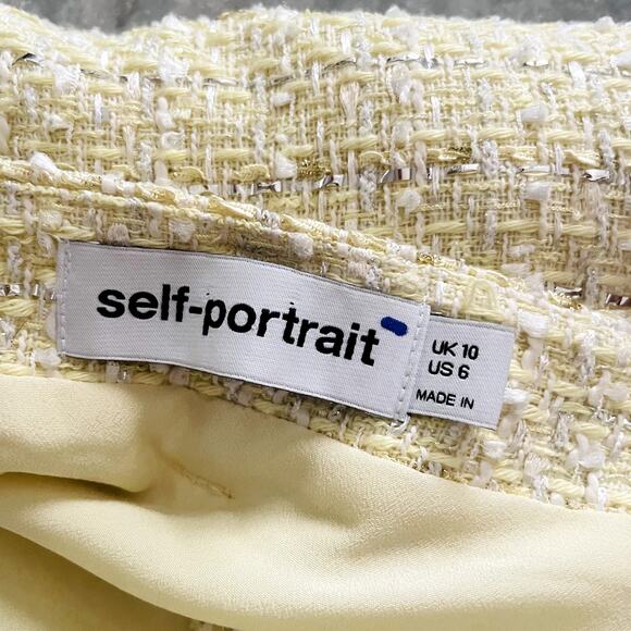 Self-Portrait Yellow Bouclé Tweed Crystal Button Mini Skirt Size 6 - Picture 7 of 7